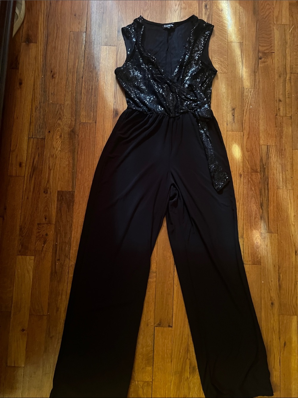 bebe Black Sequin Wrap Jumpsuit